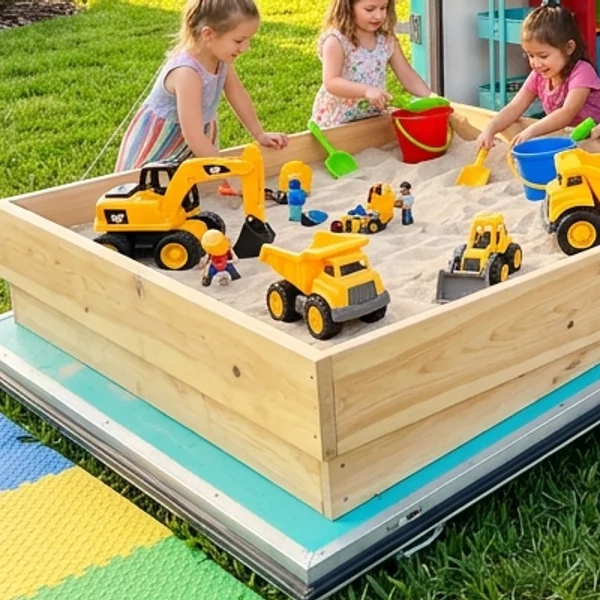 Kids Playing in Trailer Sensory Sand Station